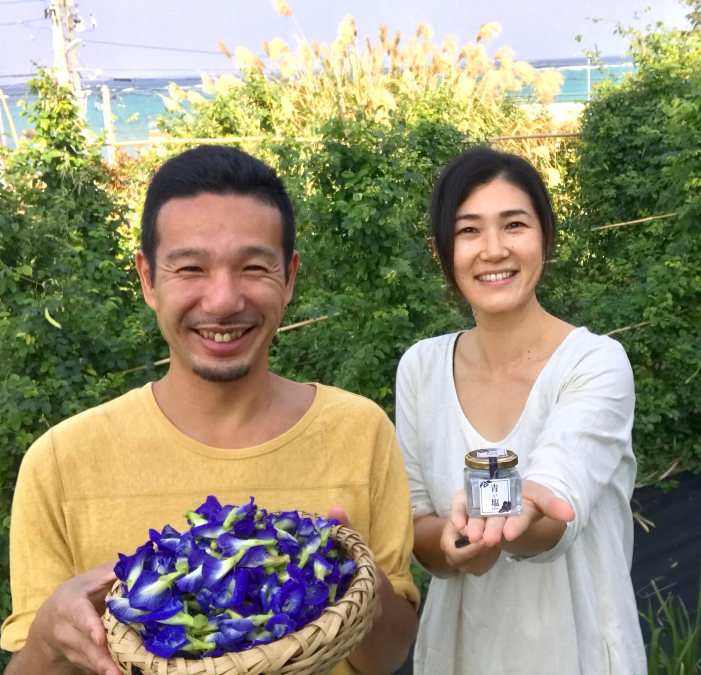 バタフライピーの花と青い塩を手にする作り手